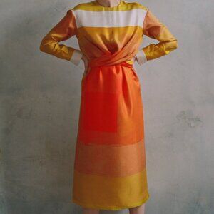 PARTOW Printed Orange Colorblock Tie Back Silk Dress Size 8